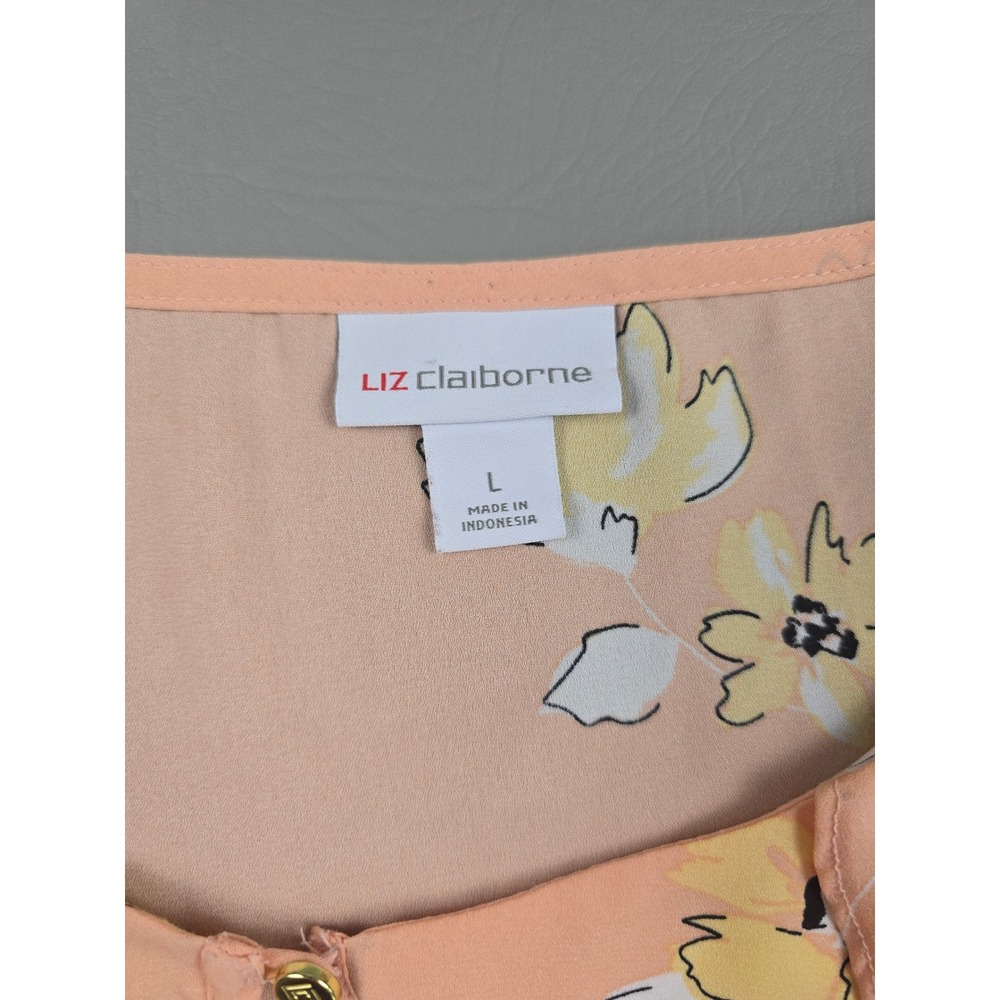 Liz Claiborne Peach Floral Ruffle Flutter Sleeve Keyhole Blouse Large - Picture 3 of 7